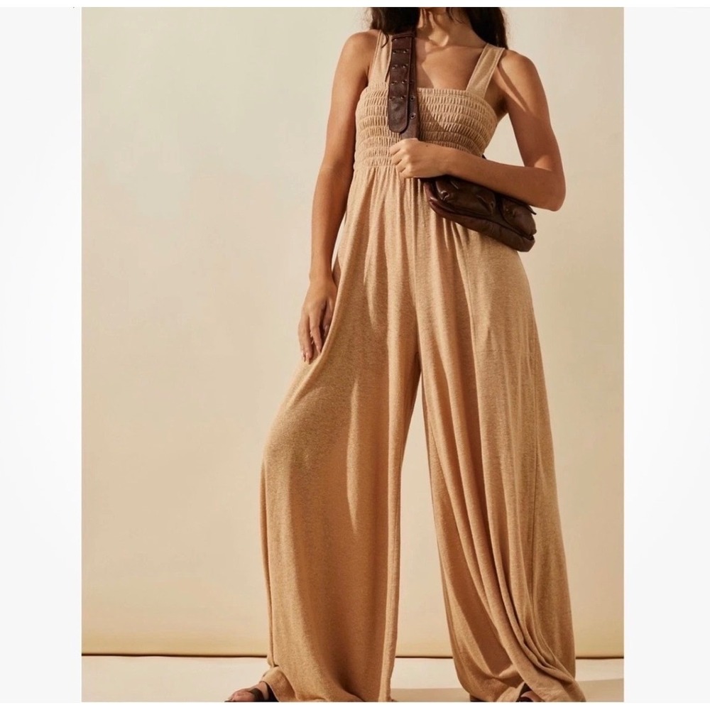 Free People Beach Large Homecoming Jumpsuit Linen Wide Leg Smocked Lagenlook